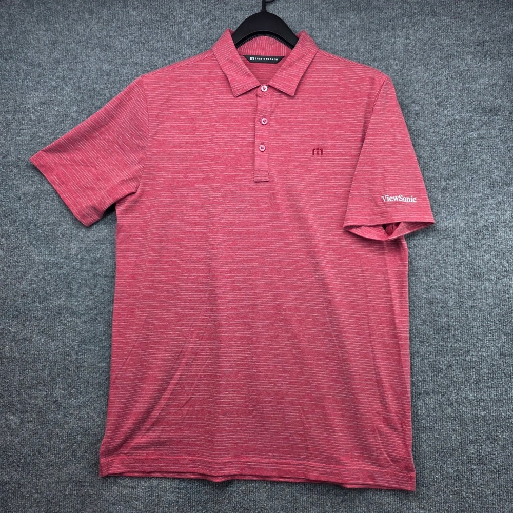 TravisMathew Mens Red Space Dye Stripe Polo Shirt Medium‎ ViewSonic Logo Stretch
